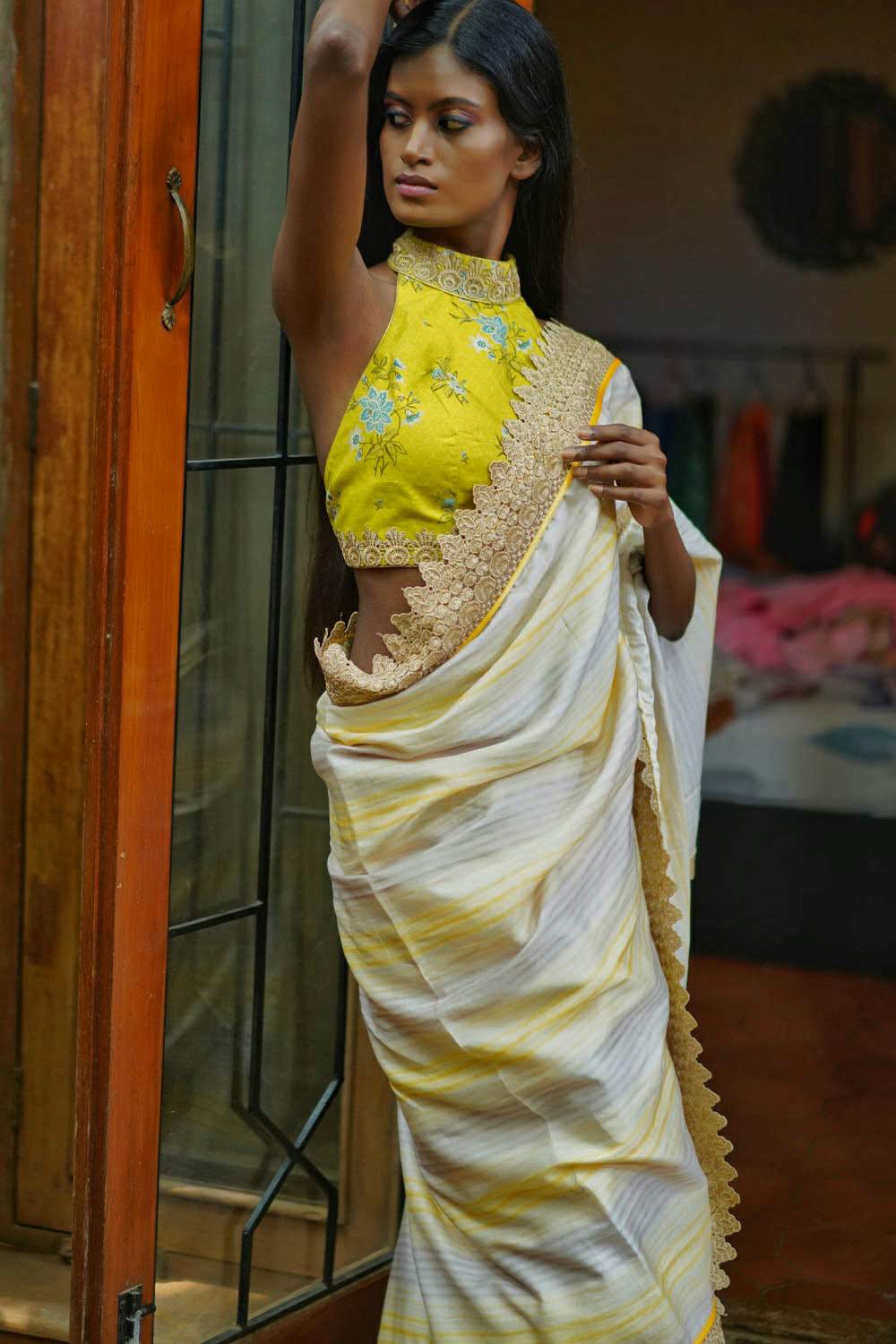 Off white and yellow stripes cotton saree with gold lace border - House of Blouse