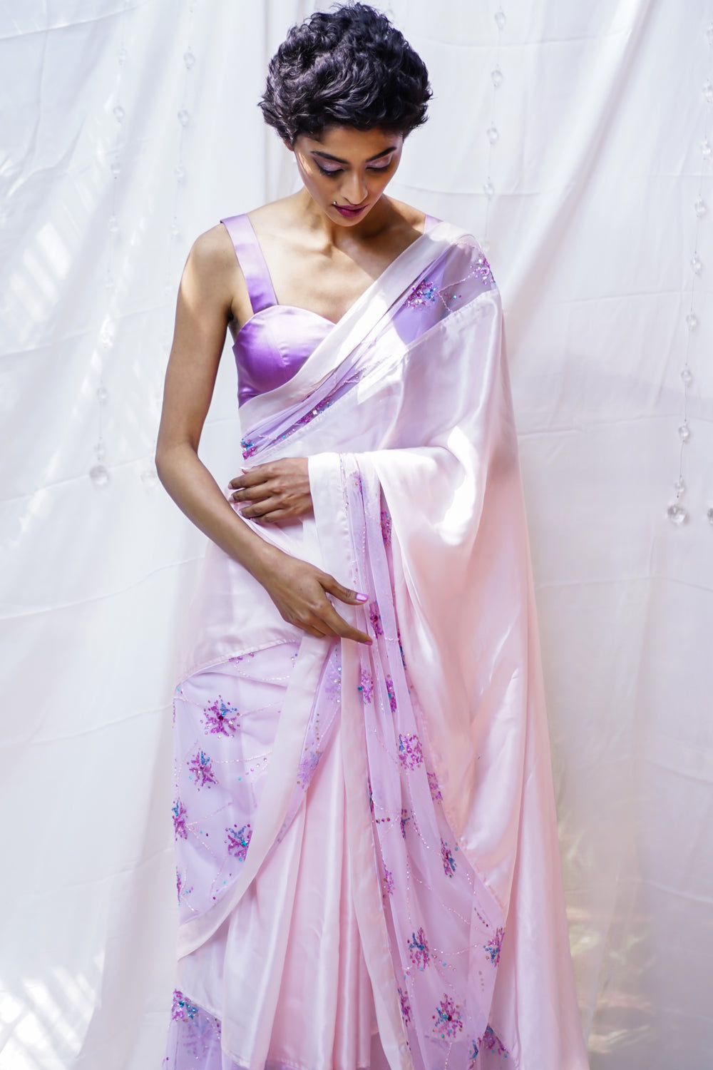 Baby pink pure satin saree with embroidered net and satin border. - House of Blouse
