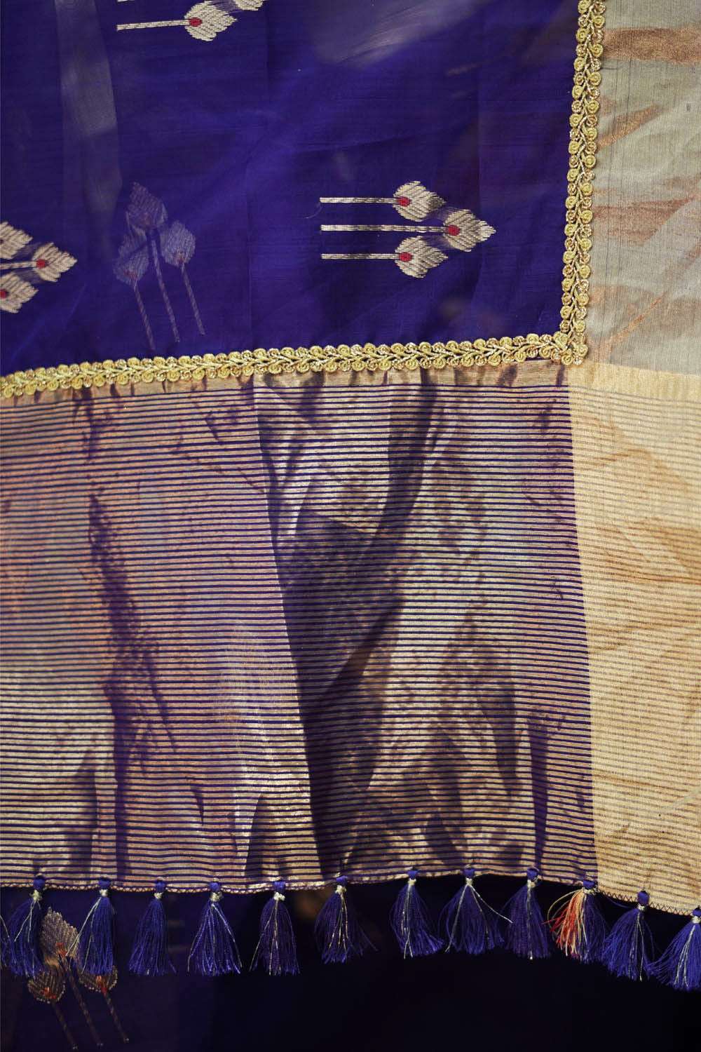 Berry blue chanderi saree with gold zari buttis and gold tissue border
