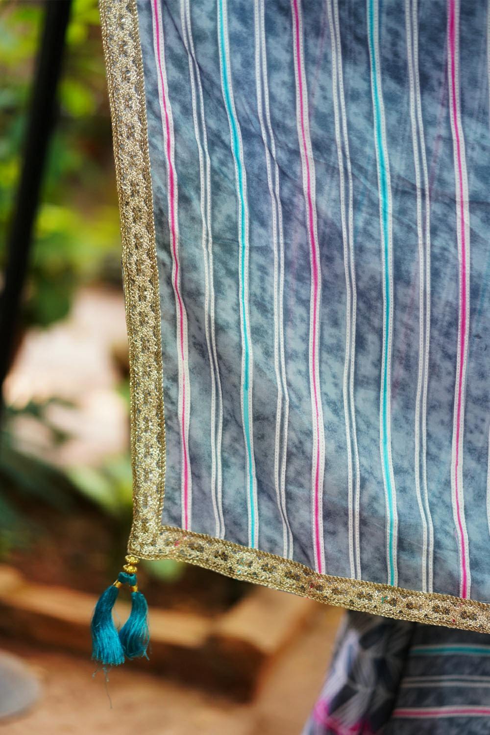 Powder blue and white half and half saree with dull gold filigree border - House of Blouse