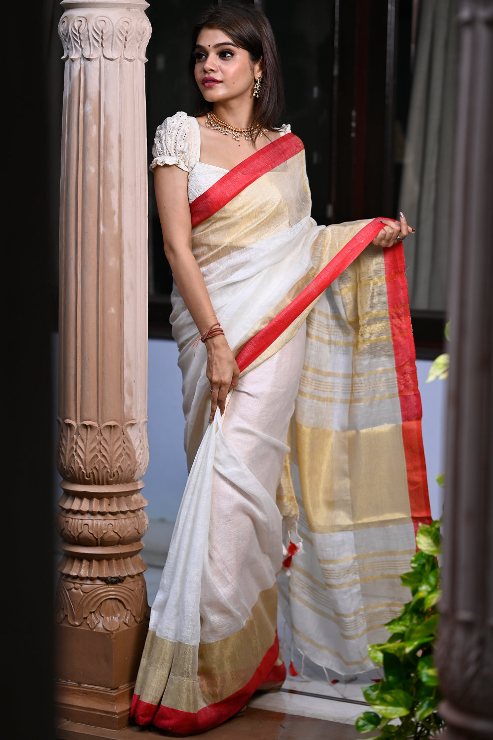 Wide Border Linen Saree in Ivory and Red with Gold Zari