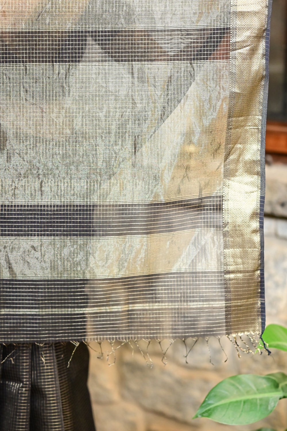 Black Pure Maheshwari Silk Cotton Handwoven saree with Zari checks