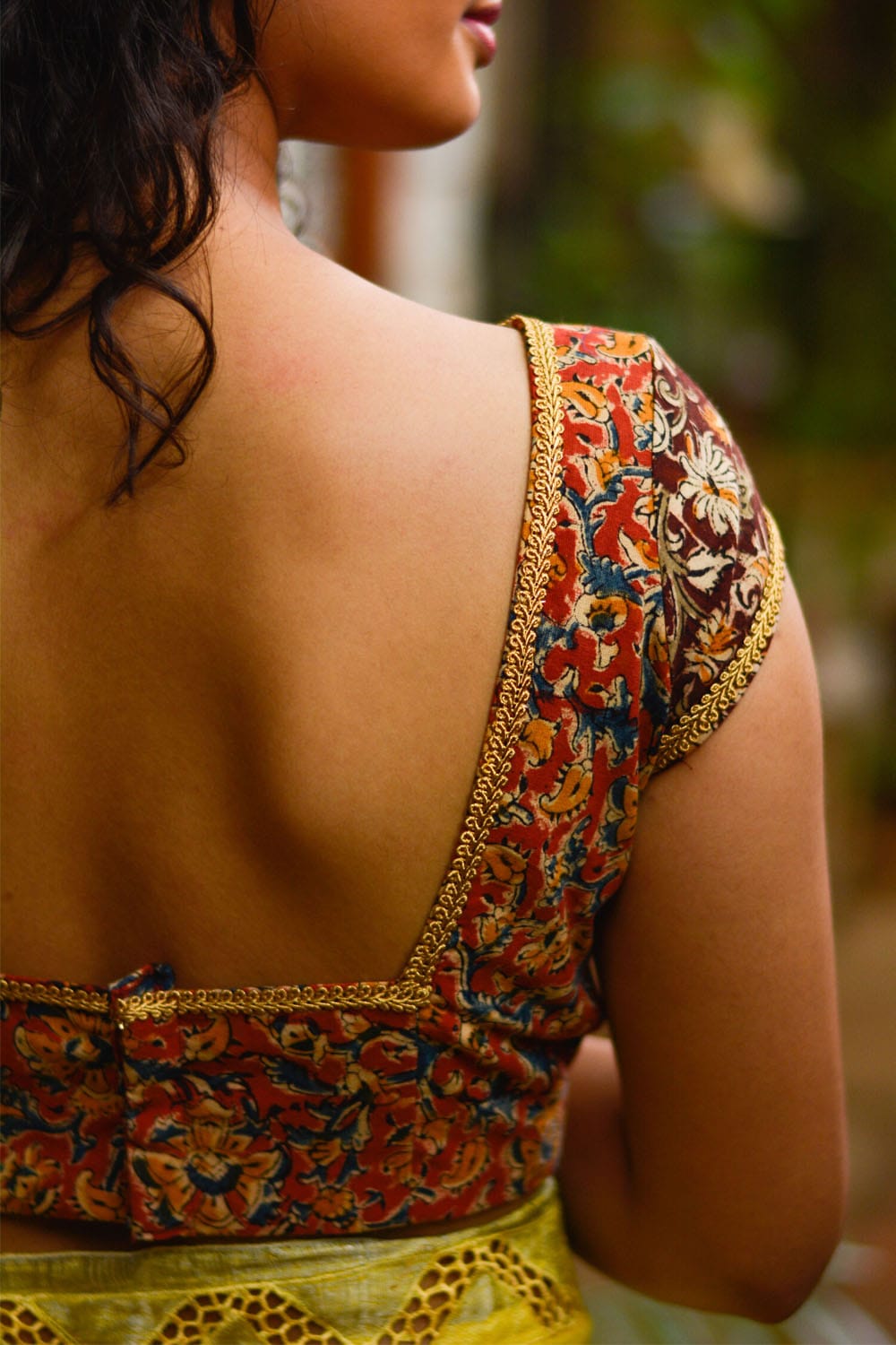 Maroon and Brown cotton kalamkari close neck blouse with gold border