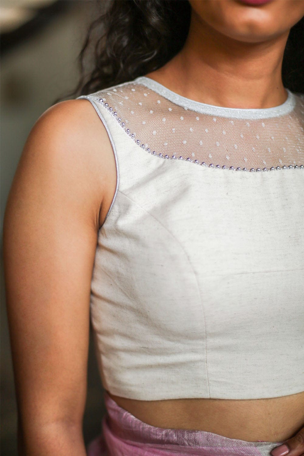 White handloom cotton Hi neck sheer yoke blouse with silver beads