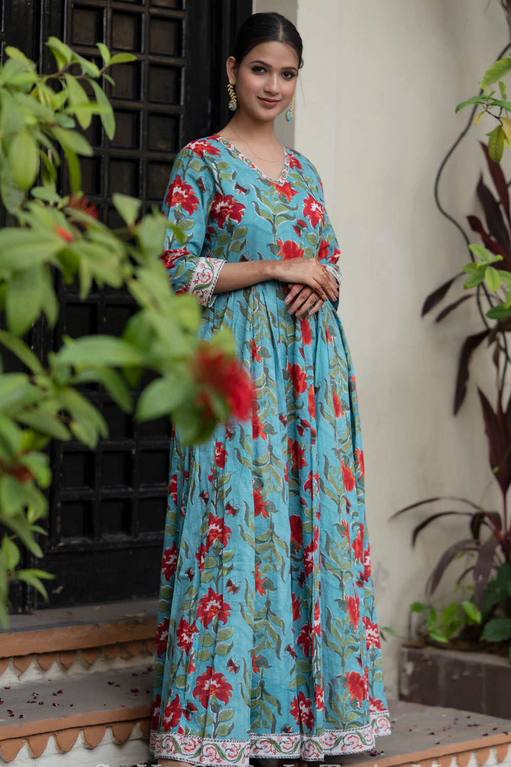 6 Meter Flare Long Dress for Women in Blue and Coral | Made To Order