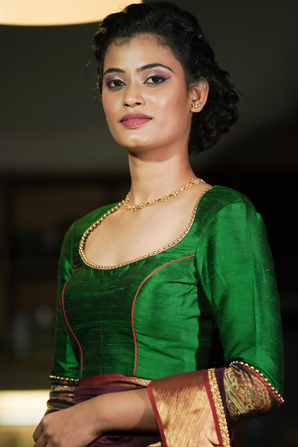 Emerald green raw silk pot neck blouse