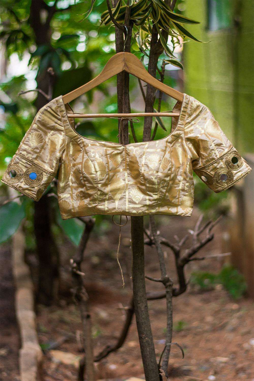 Beige brocade double tie back blouse with mirror work border - House of Blouse