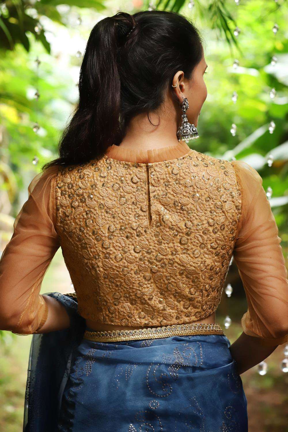 Beige gold embroidered cotton with sheer puff sleeves and frill detailing - House of Blouse