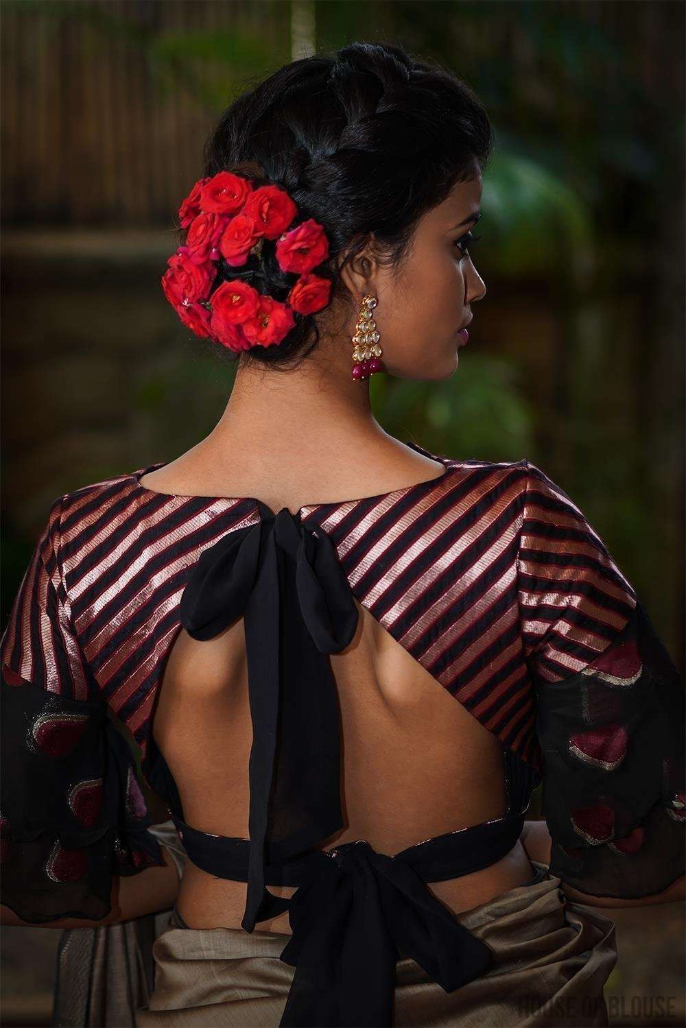 Black and gold striped brocade sweetheart neck blouse with bell sleeves and tie back - House of Blouse