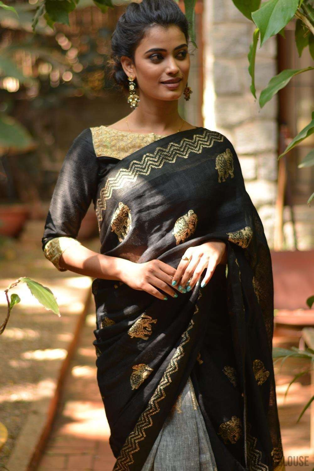 Black and grey half and half linen saree with gold block print and Gitcha pallu - House of Blouse
