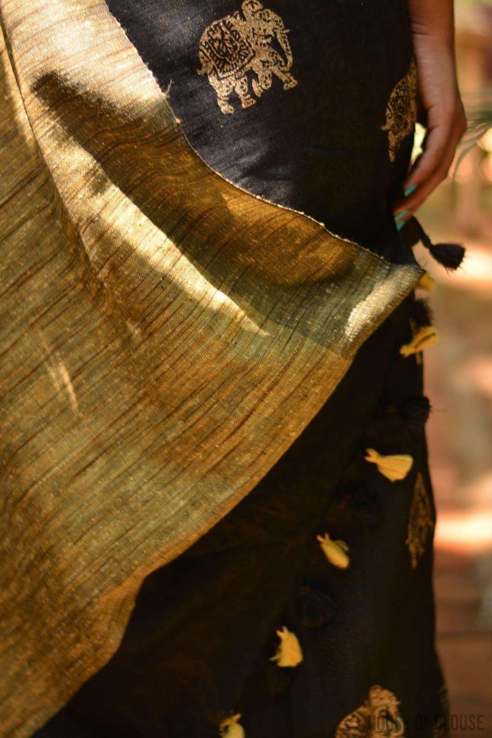 Black and grey half and half linen saree with gold block print and Gitcha pallu - House of Blouse
