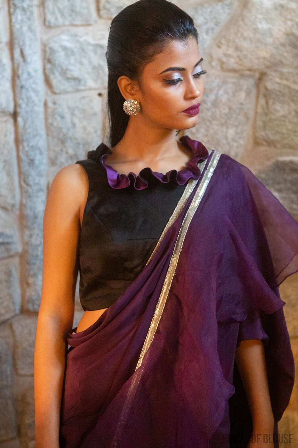 Black-and-purple pure silk satin sleeveless blouse with frill detailing - House of Blouse