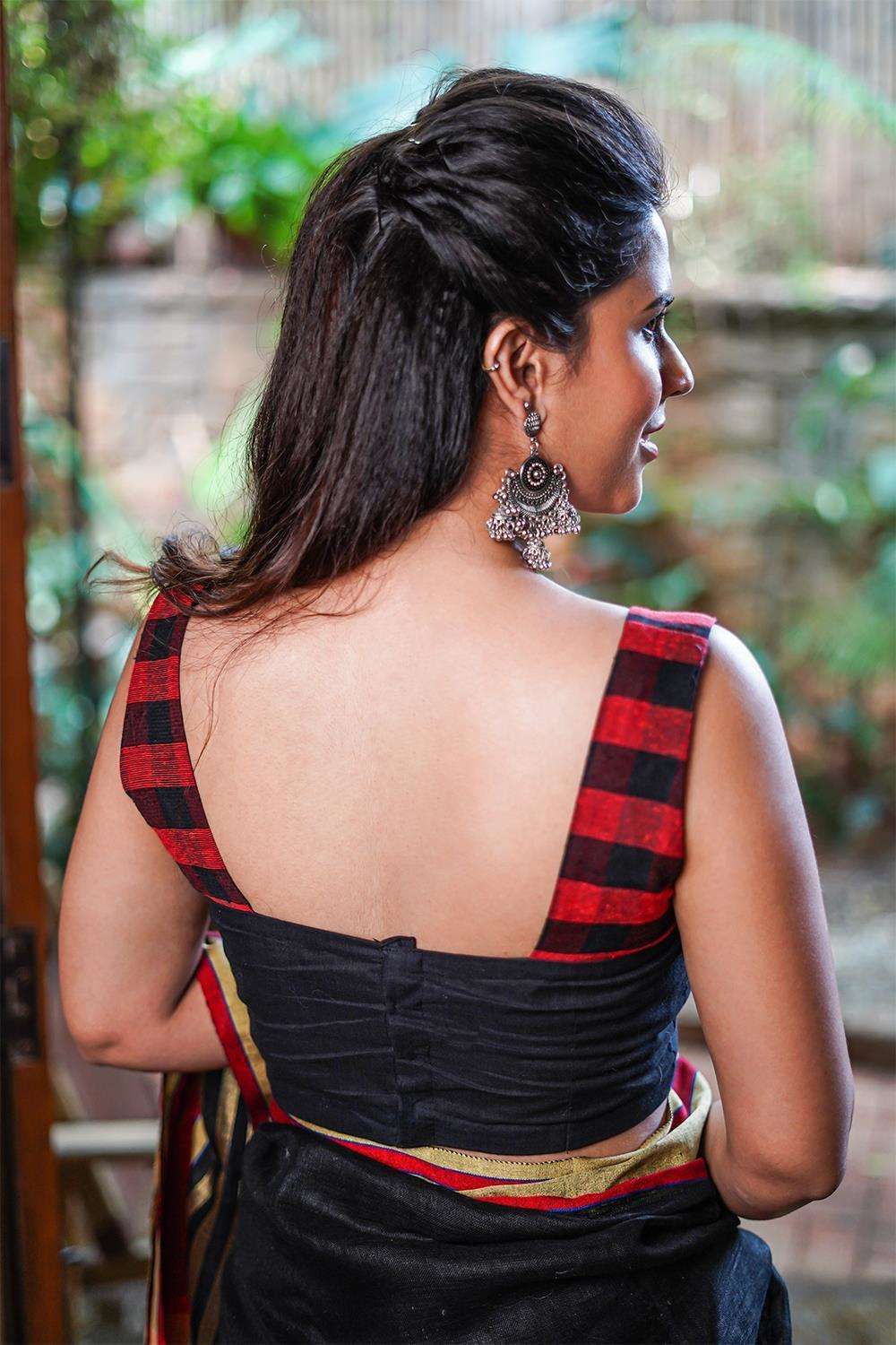 Black and red checked jute two fabric square neck sleeveless blouse - House of Blouse