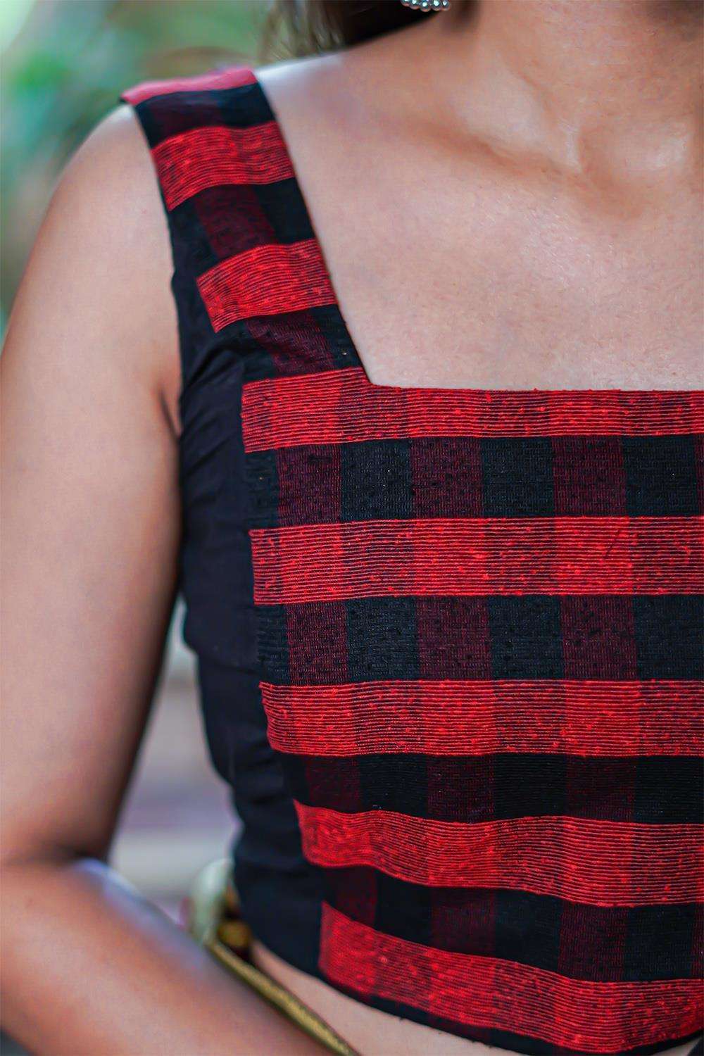 Black and red checked jute two fabric square neck sleeveless blouse - House of Blouse