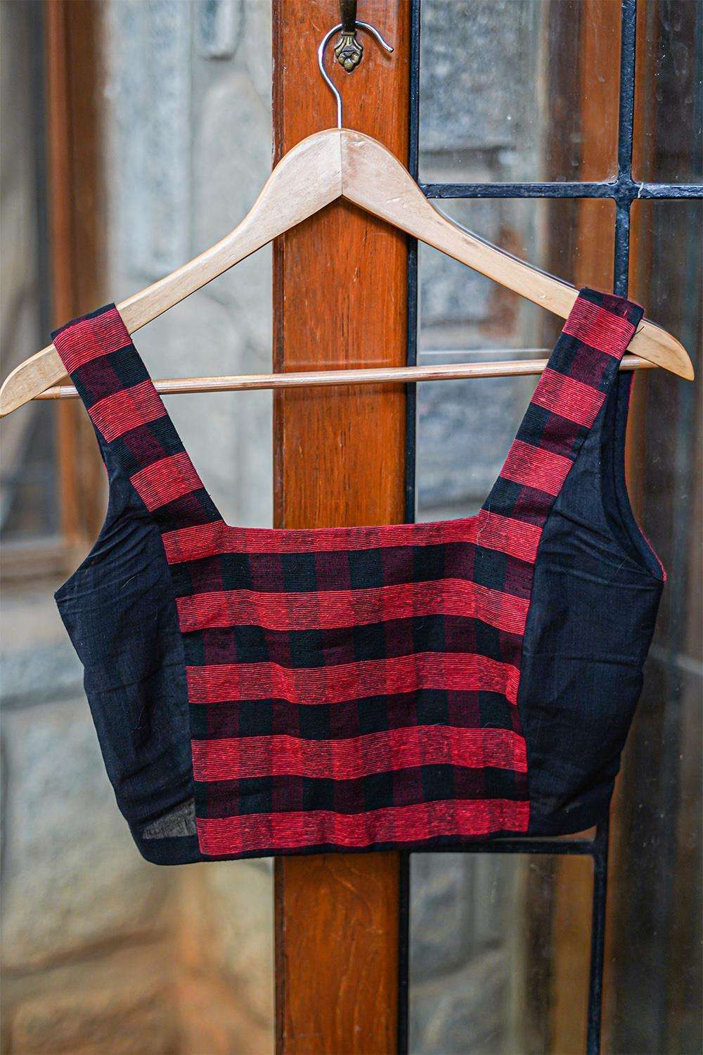 Black and red checked jute two fabric square neck sleeveless blouse - House of Blouse