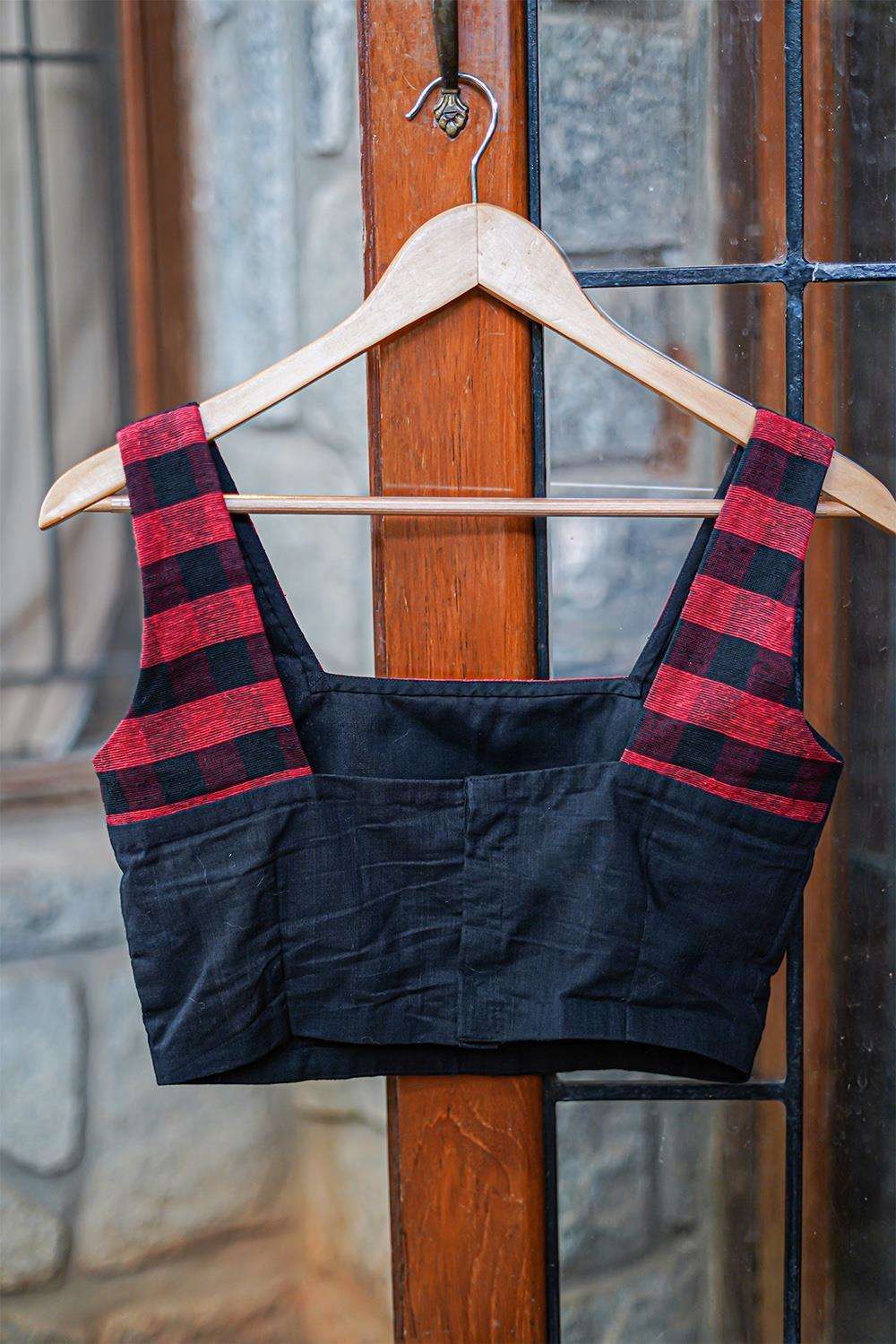 Black and red checked jute two fabric square neck sleeveless blouse - House of Blouse