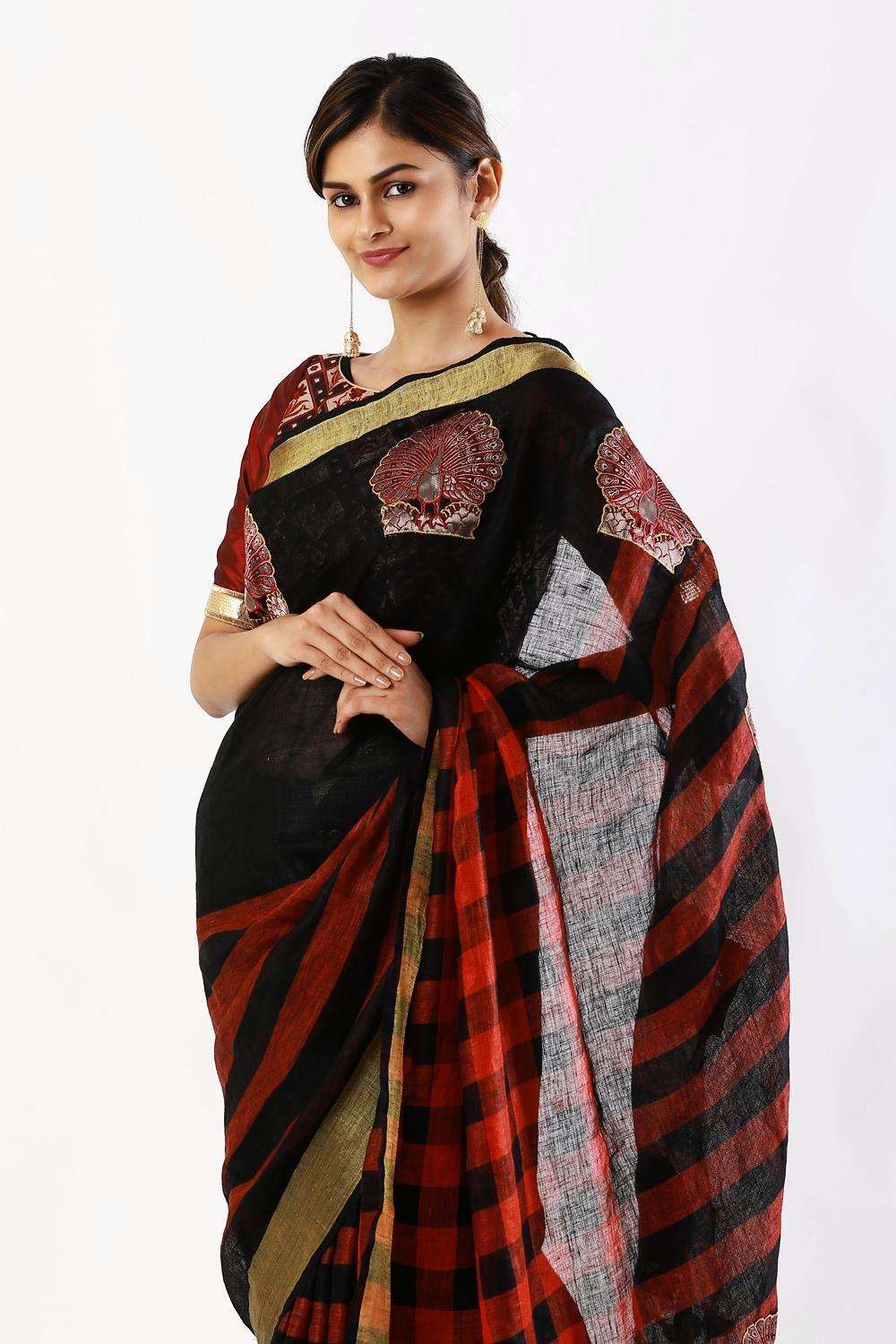 Black and red striped linen saree with peacock appliques - House of Blouse