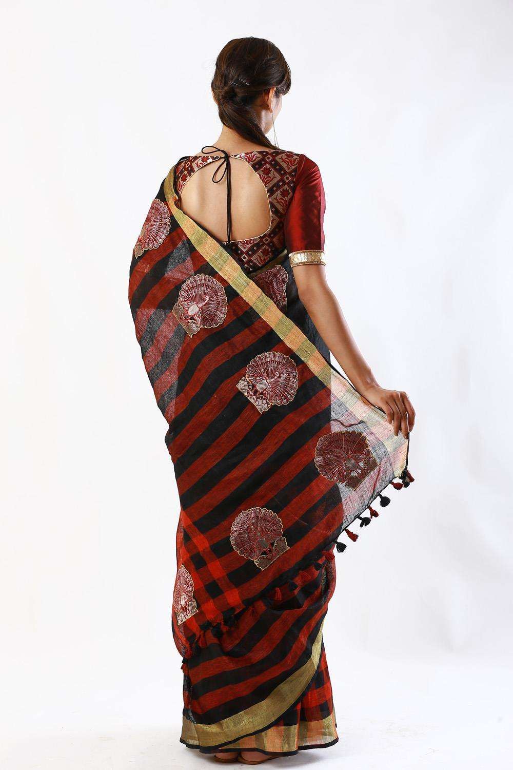 Black and red striped linen saree with peacock appliques - House of Blouse