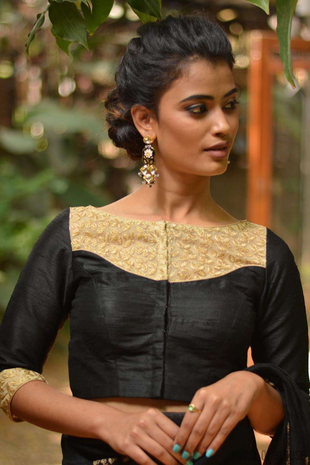 Black raw silk and gold embroidered blouse, with sheer yoke - House of Blouse