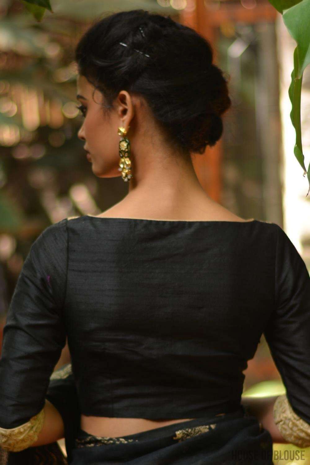 Black raw silk and gold embroidered blouse, with sheer yoke - House of Blouse