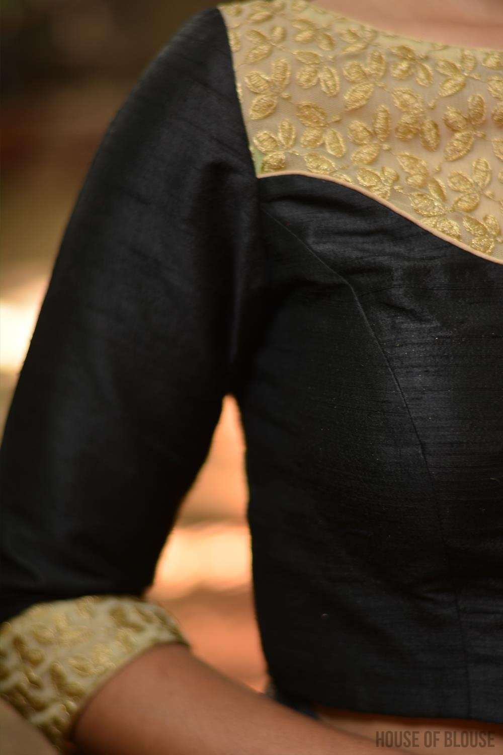 Black raw silk and gold embroidered blouse, with sheer yoke - House of Blouse