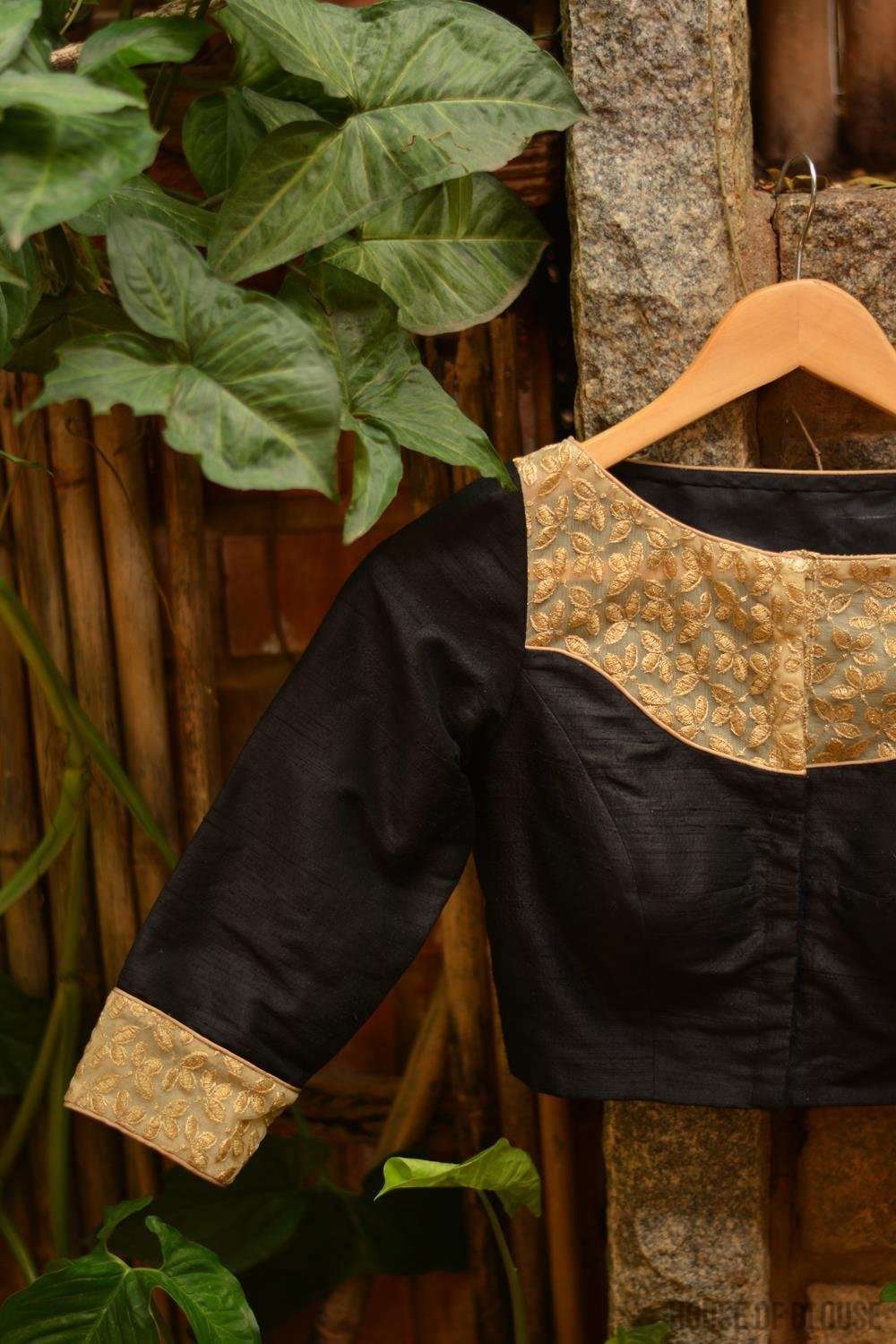 Black raw silk and gold embroidered blouse, with sheer yoke - House of Blouse