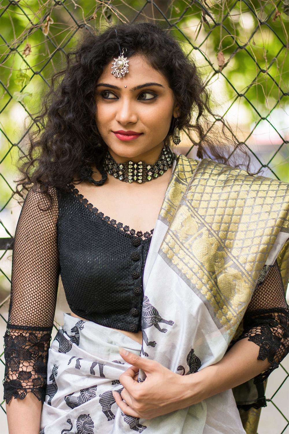 Black shimmer net and lace sheer back blouse - House of Blouse