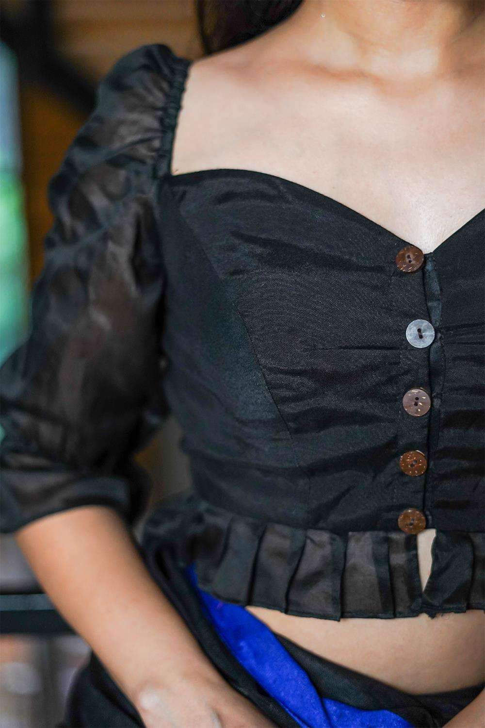 Black soft cotton blouse with chanderi gathered sleeves and frill detailing - House of Blouse