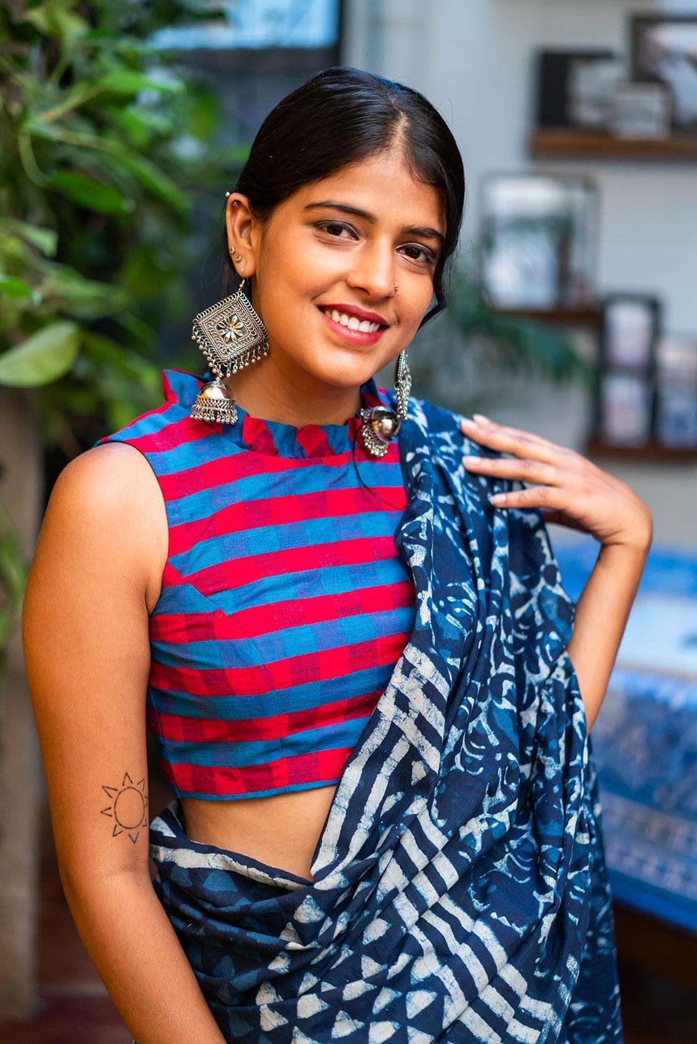 Blue and reddish pink checked cotton sleeveless blouse with a pleated frill collar - House of Blouse