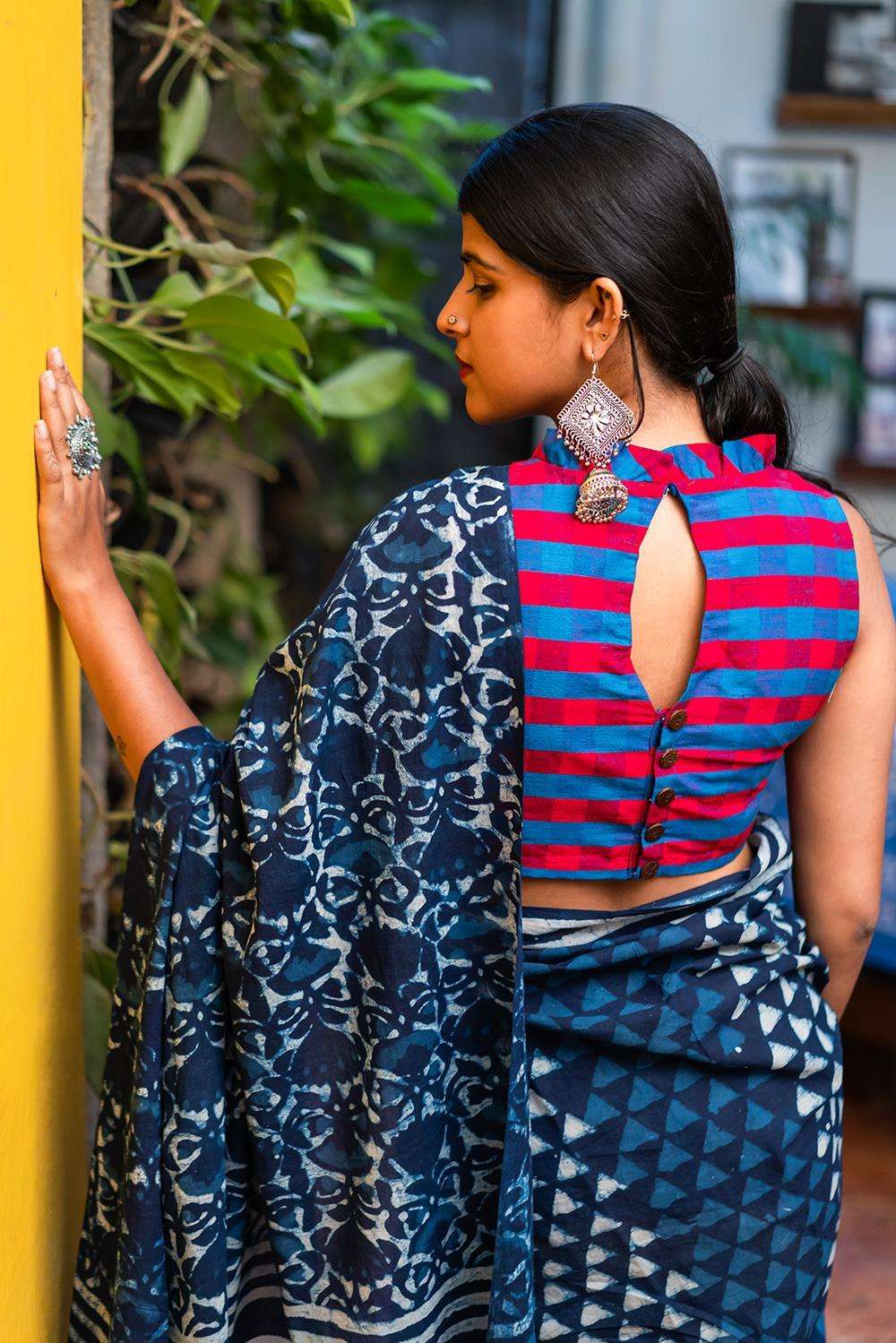 Blue and reddish pink checked cotton sleeveless blouse with a pleated frill collar - House of Blouse