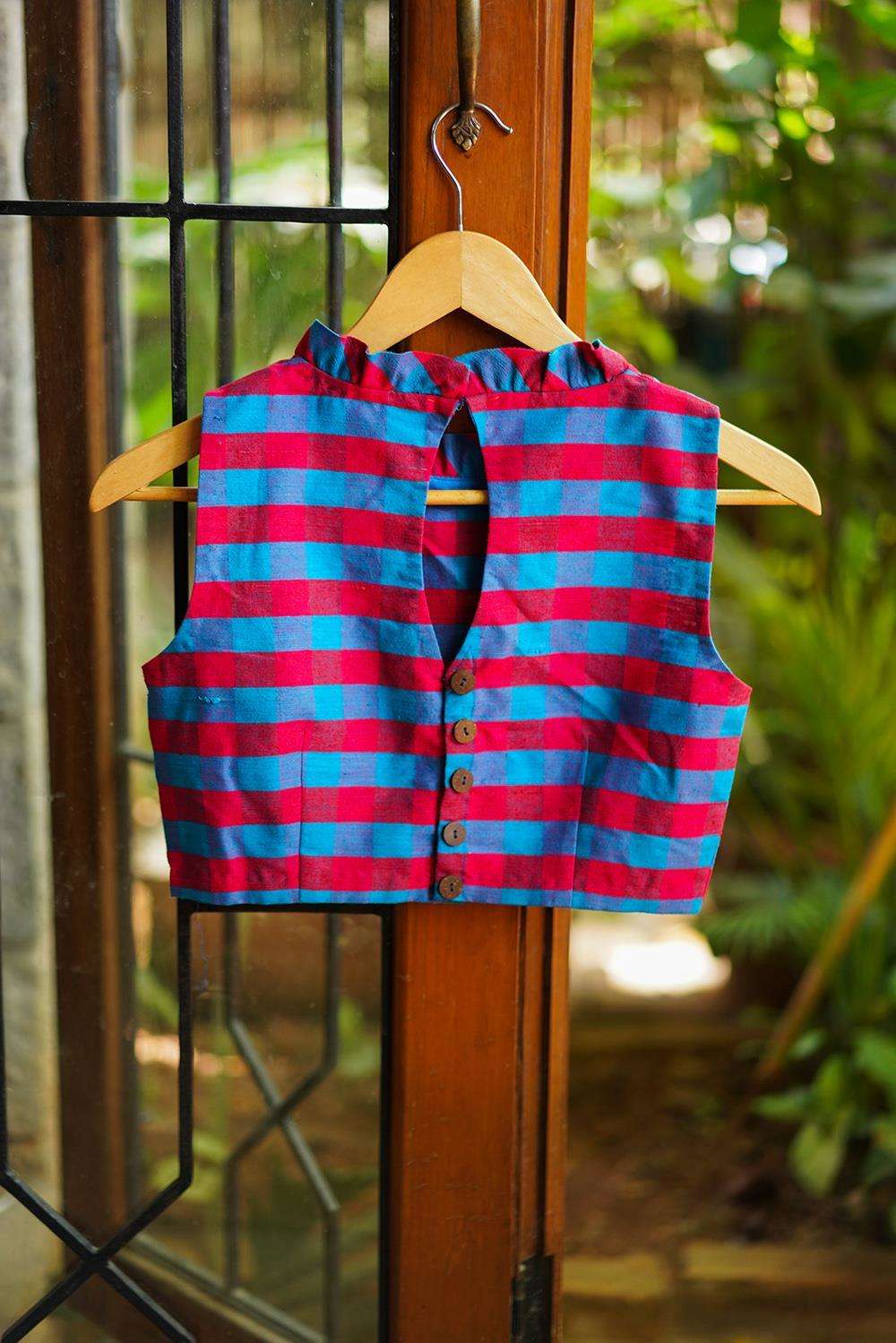Blue and reddish pink checked cotton sleeveless blouse with a pleated frill collar - House of Blouse