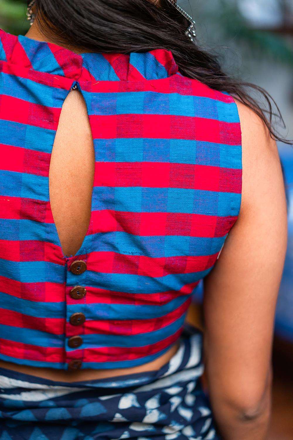 Blue and reddish pink checked cotton sleeveless blouse with a pleated frill collar - House of Blouse