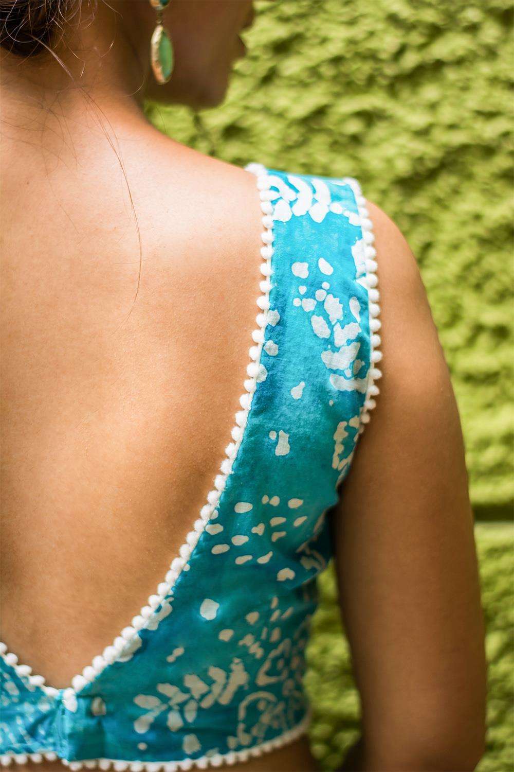 Blue batik printed cotton blouse - House of Blouse