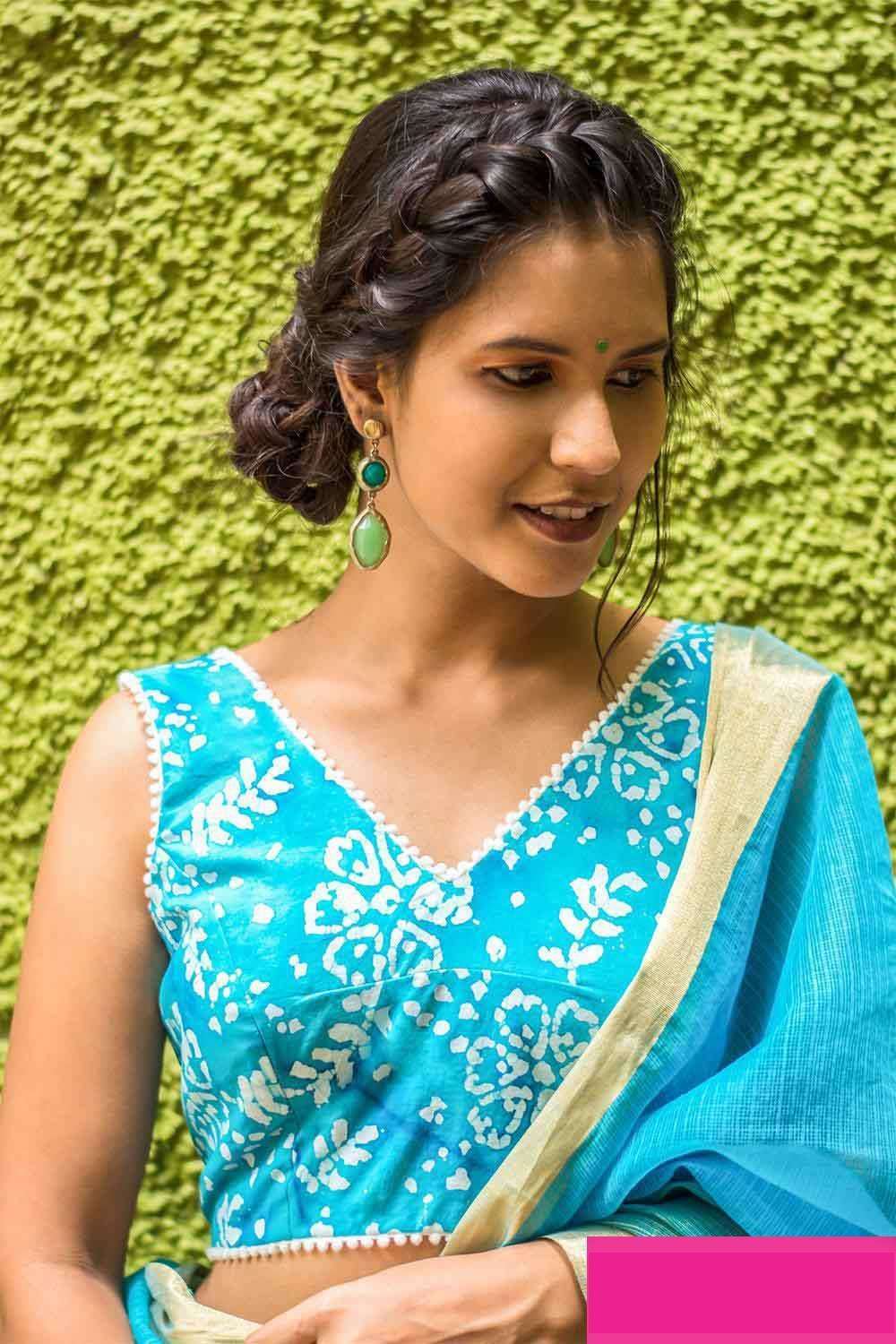 Blue batik printed cotton blouse - House of Blouse