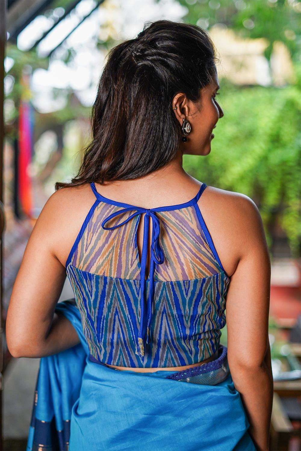 Blue geometric printed net halter blouse - House of Blouse