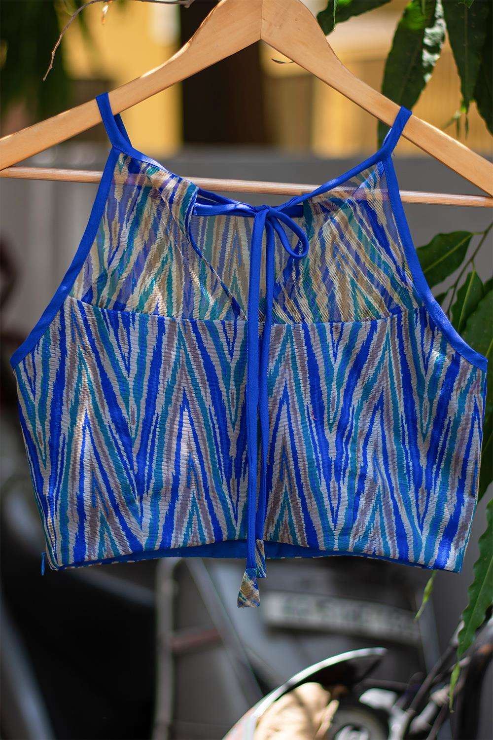 Blue geometric printed net halter blouse - House of Blouse
