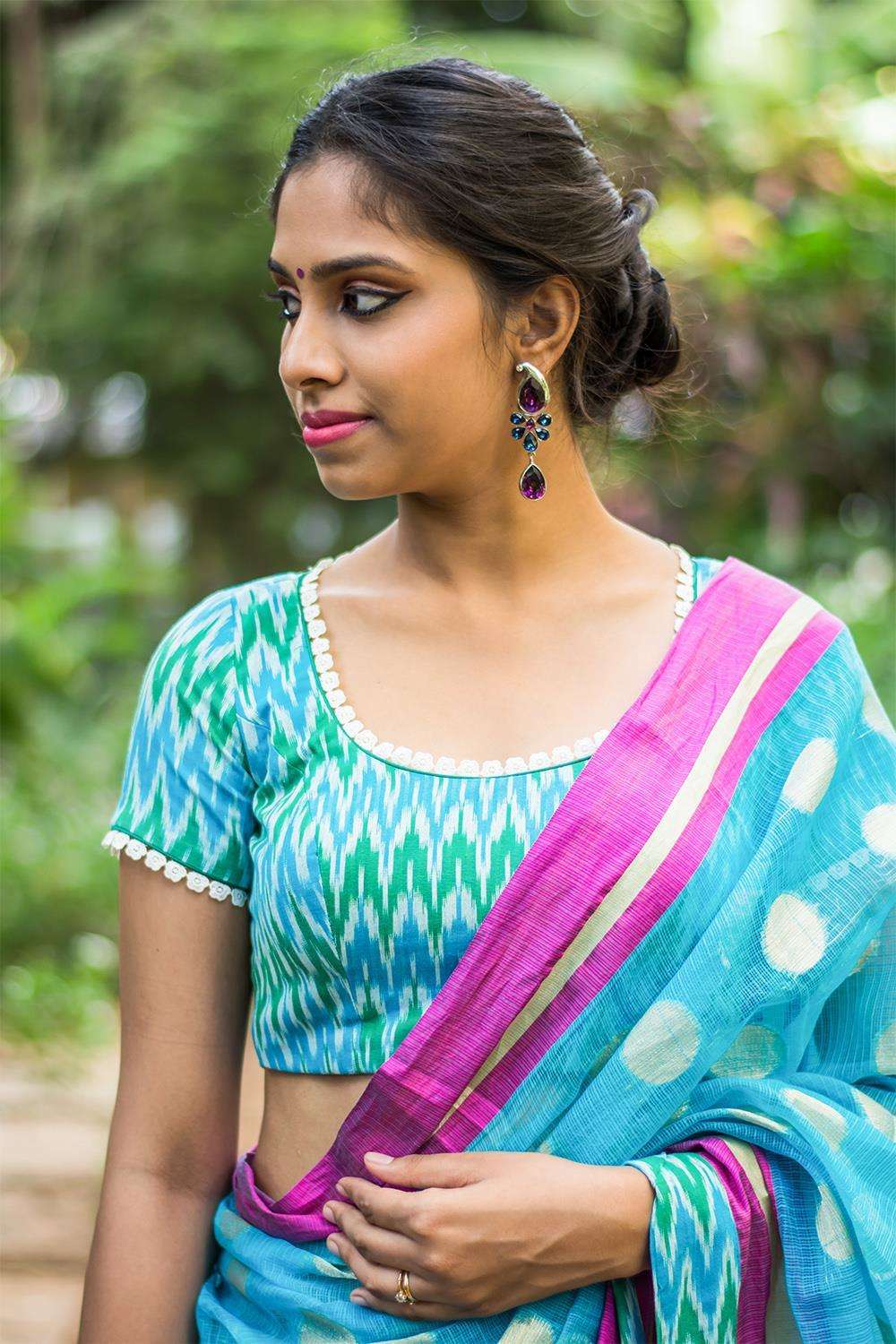 Blue green Ikat cotton sheer back blouse with applique - House of Blouse