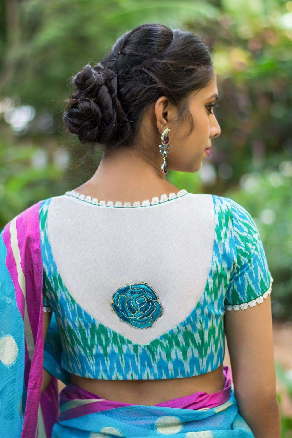 Blue green Ikat cotton sheer back blouse with applique - House of Blouse