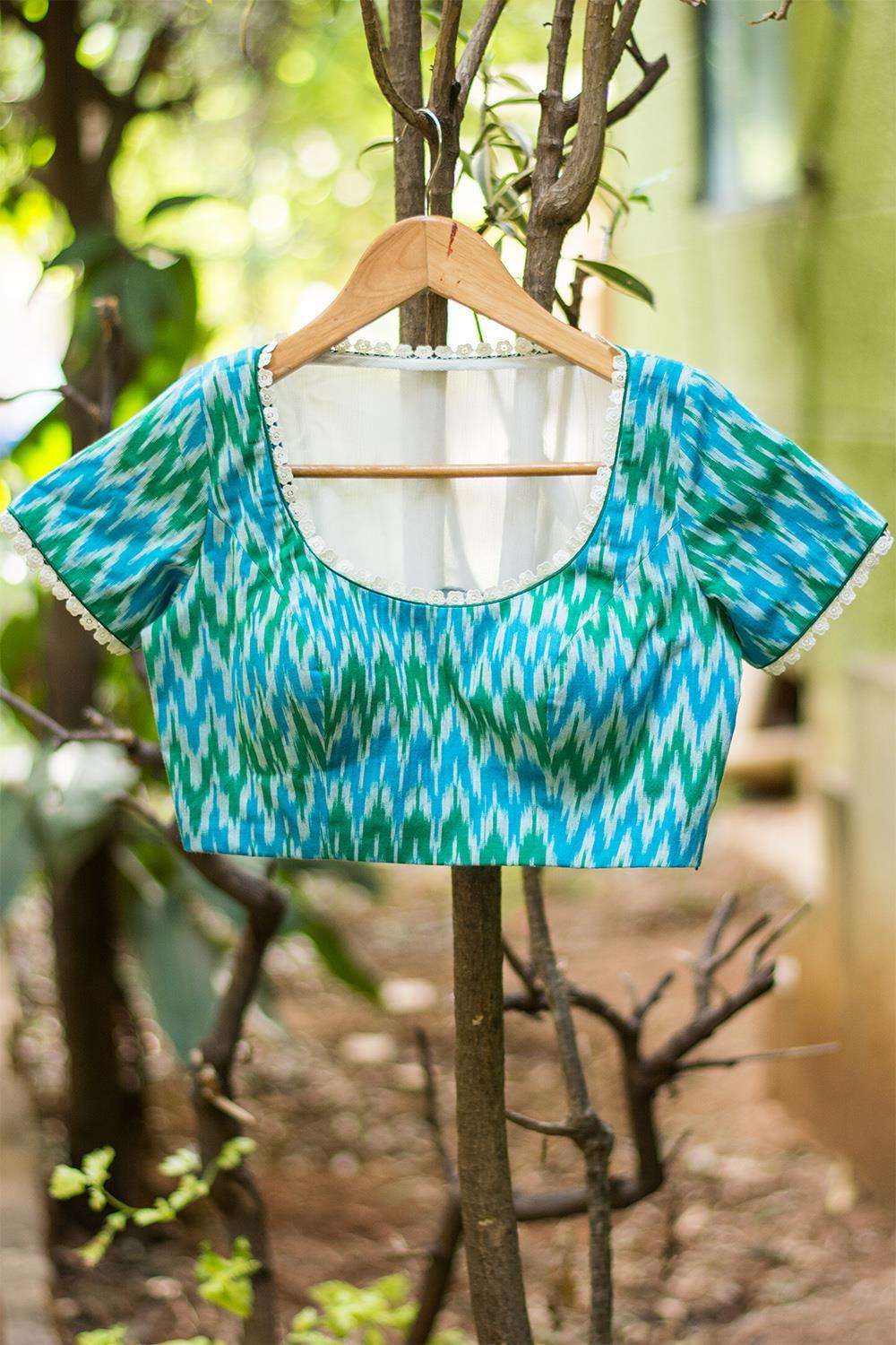 Blue green Ikat cotton sheer back blouse with applique - House of Blouse