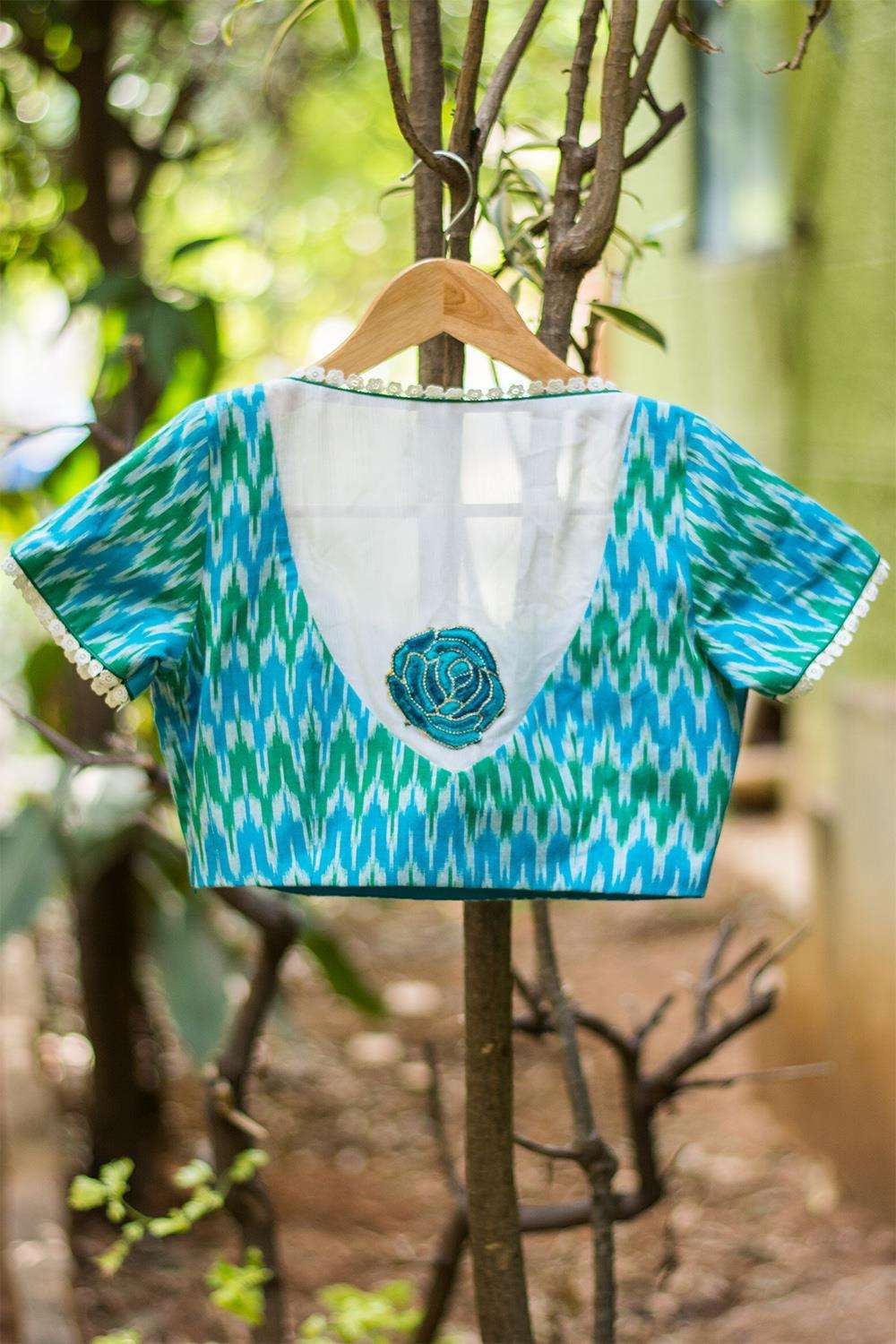 Blue green Ikat cotton sheer back blouse with applique - House of Blouse
