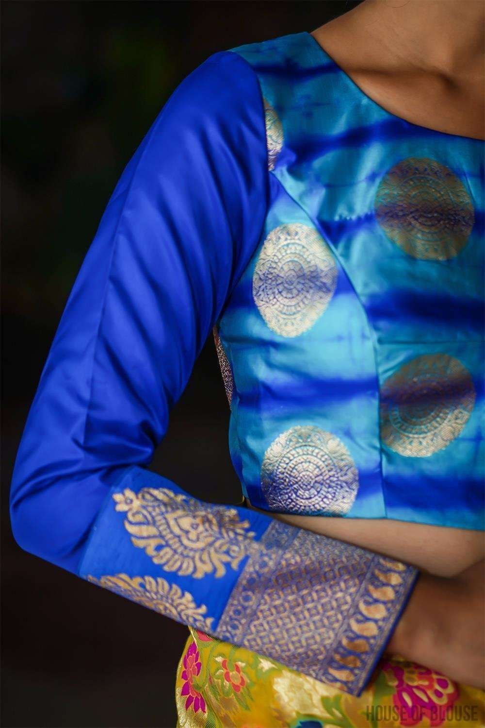 Blue shibori shaded brocade full sleeve blouse - House of Blouse