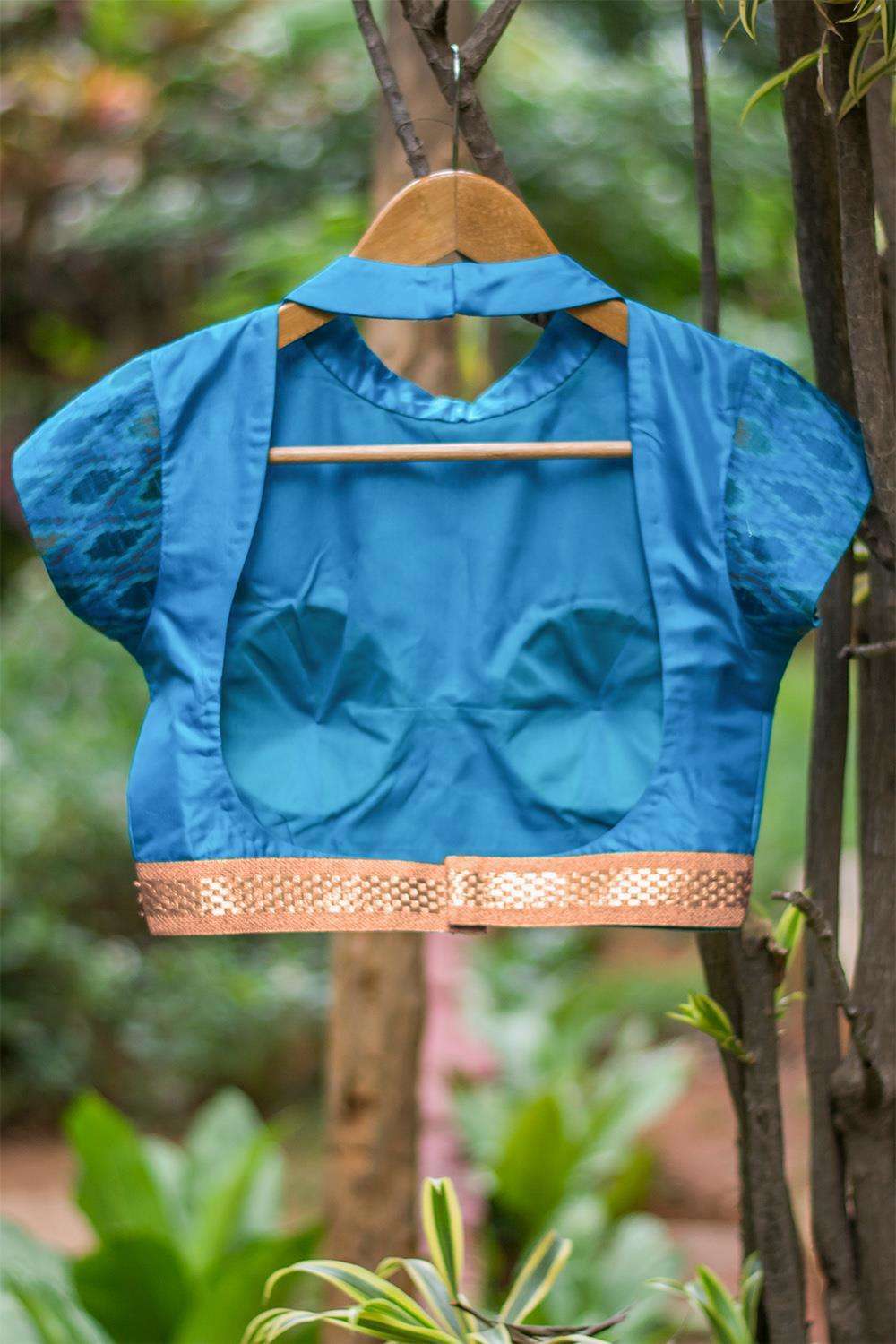 Blue silk high neck blouse with back detailing - House of Blouse