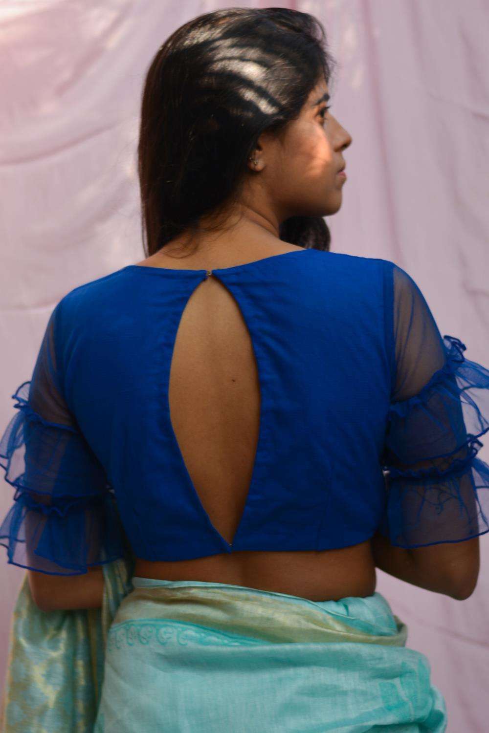 Cobalt blue net blouse with ruffles on sleeves - House of Blouse