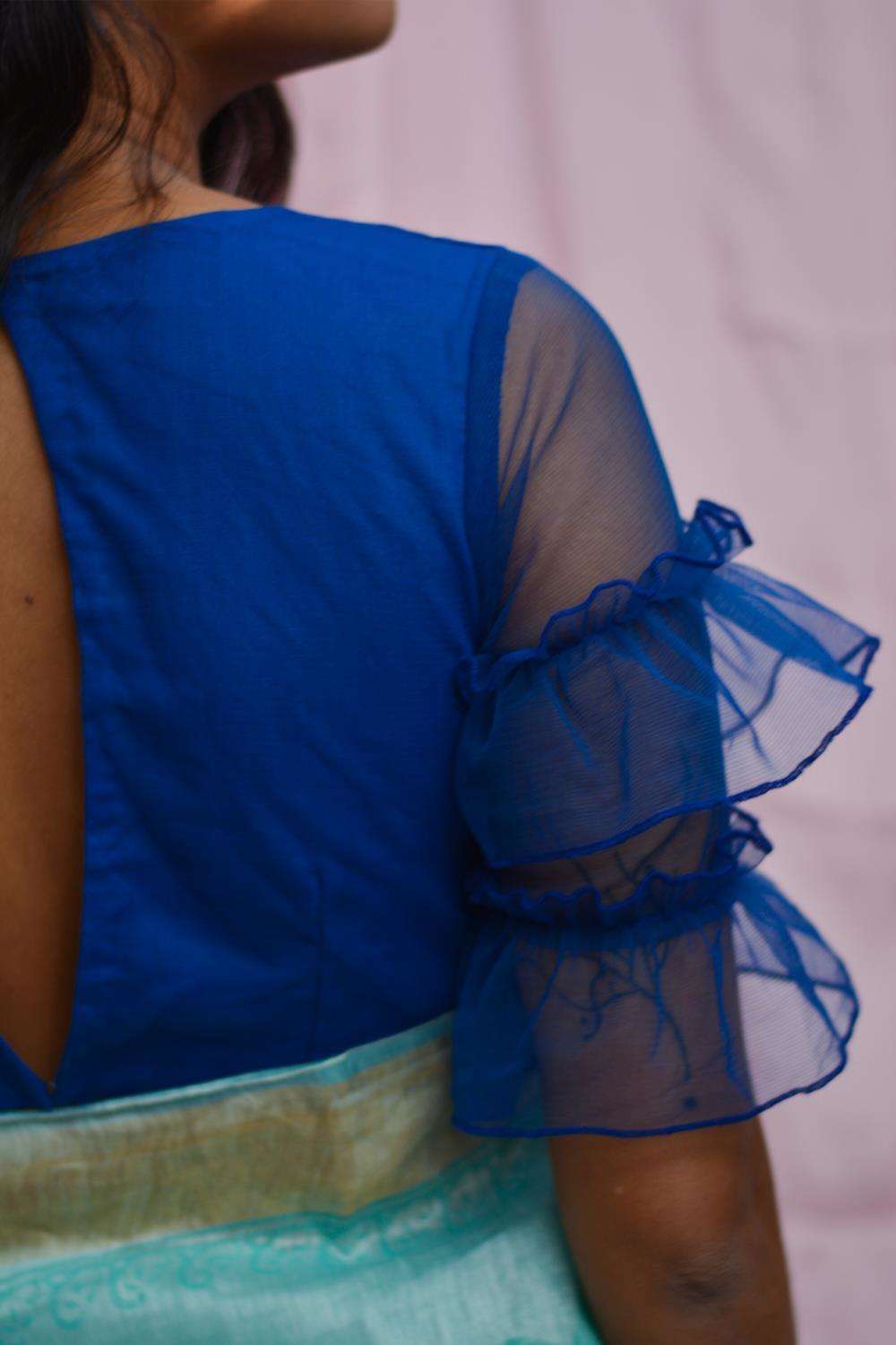 Cobalt blue net blouse with ruffles on sleeves - House of Blouse