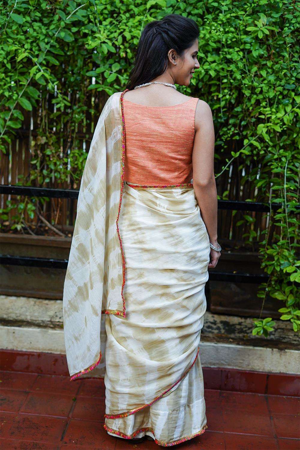 Cream and brown shibori shaded mul cotton saree with multicolour frill edging - House of Blouse