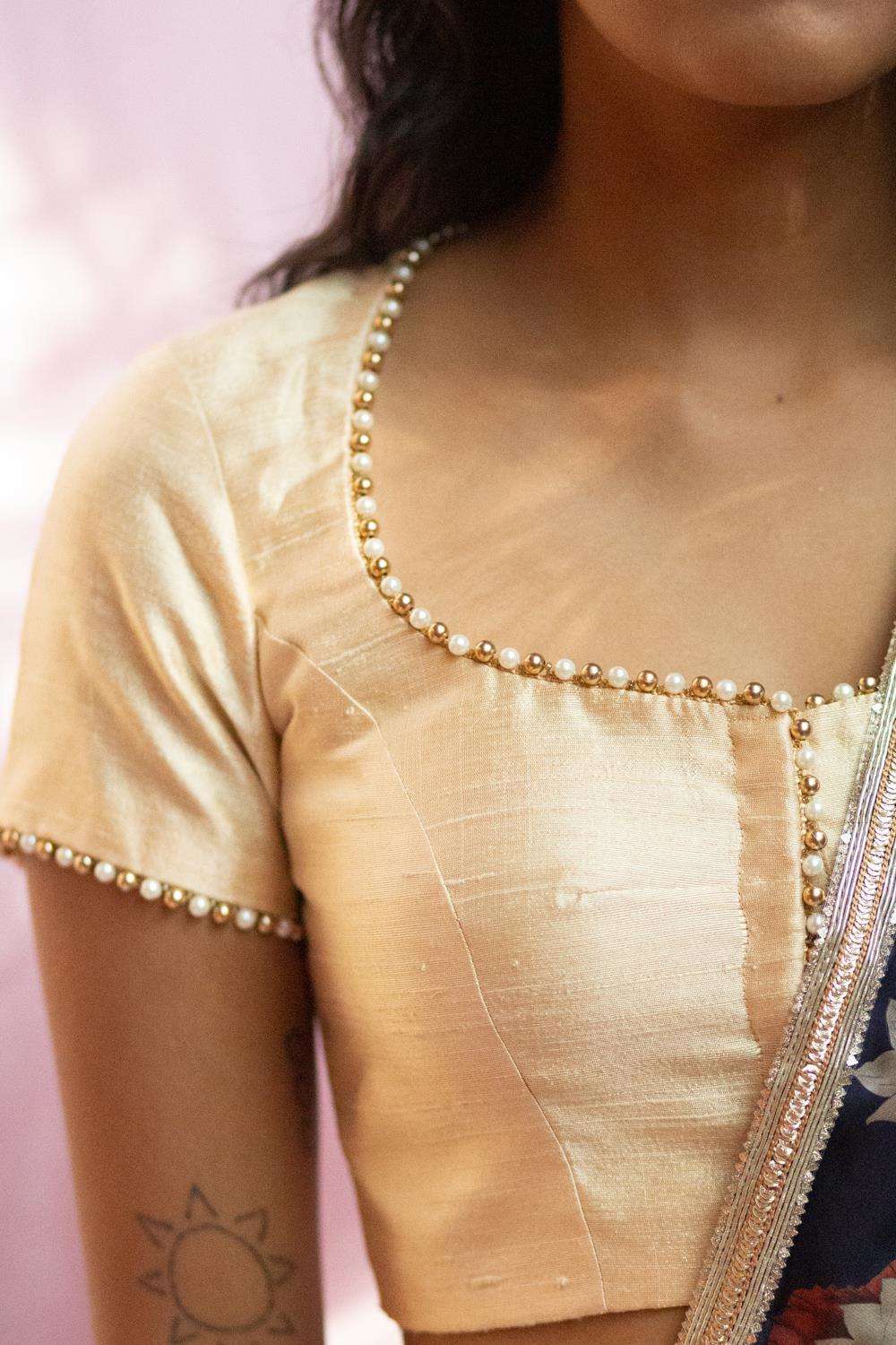 Cream raw silk pot neck blouse with bead detailing - House of Blouse