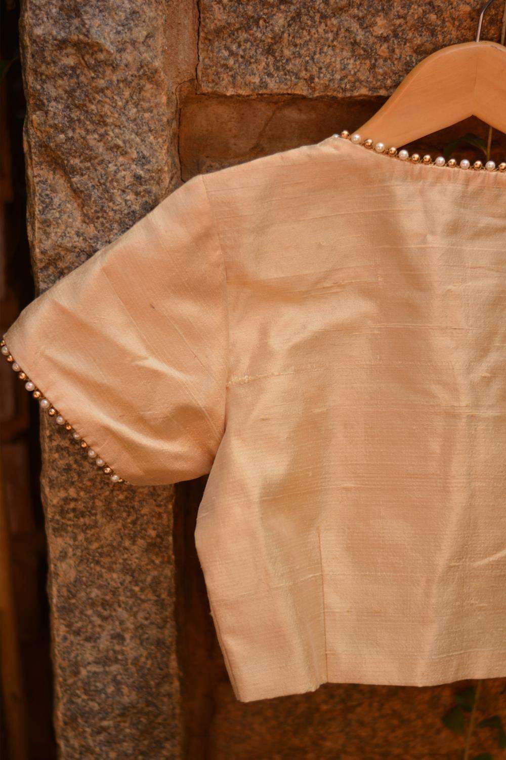 Cream raw silk pot neck blouse with bead detailing - House of Blouse