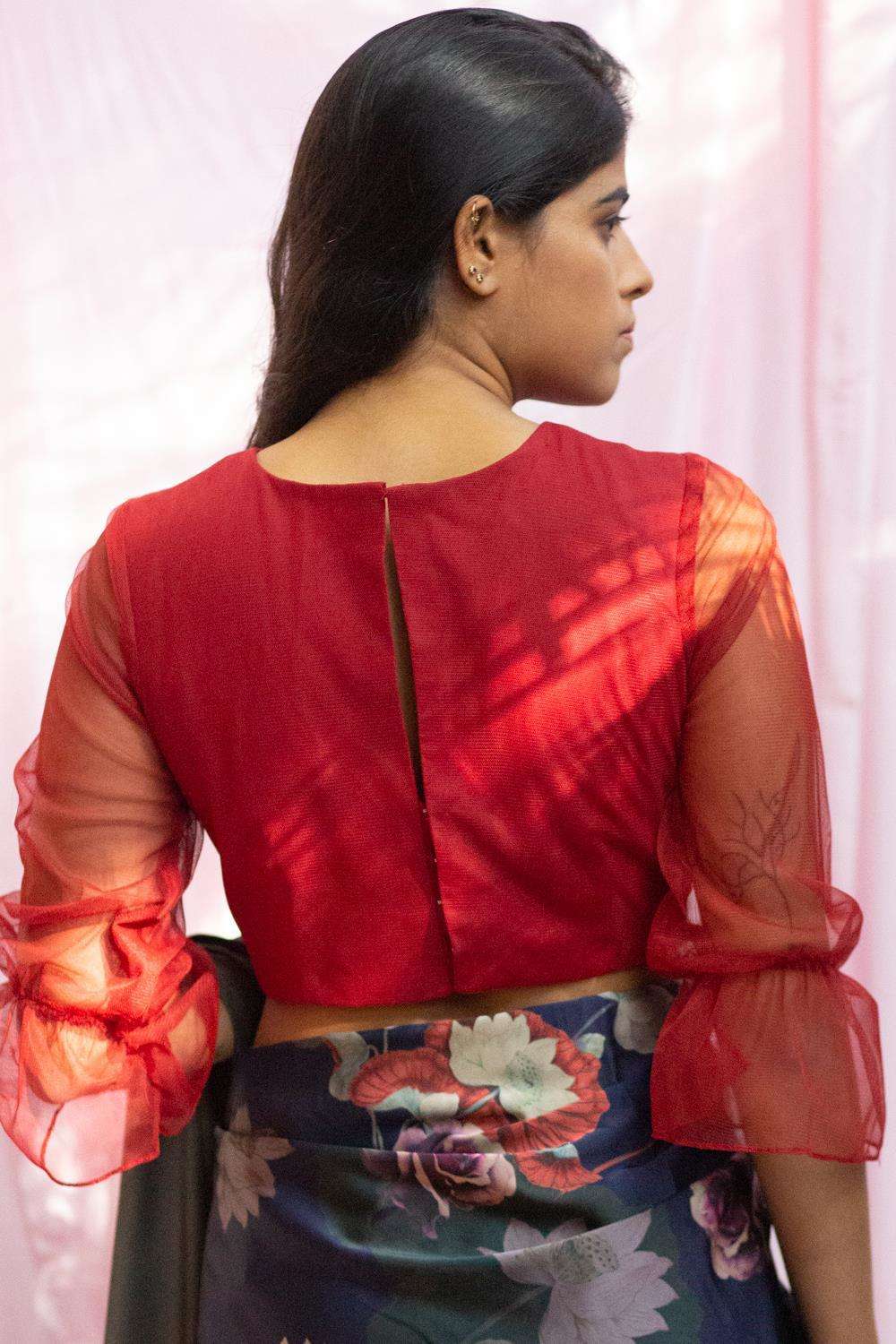 Deep red net blouse with puff sleeves - House of Blouse