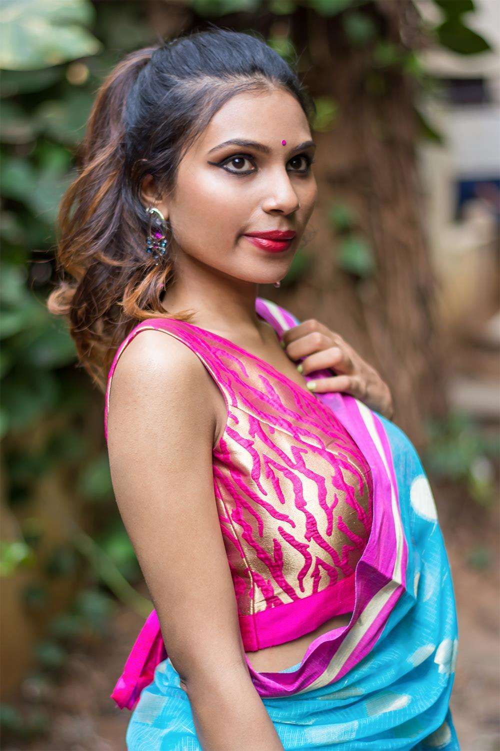 Fuchsia pink brocade V neck blouse with bow tie - House of Blouse