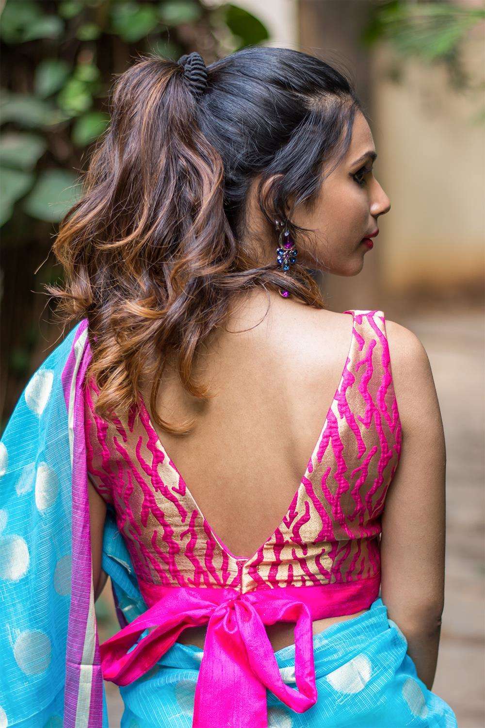 Fuchsia pink brocade V neck blouse with bow tie - House of Blouse